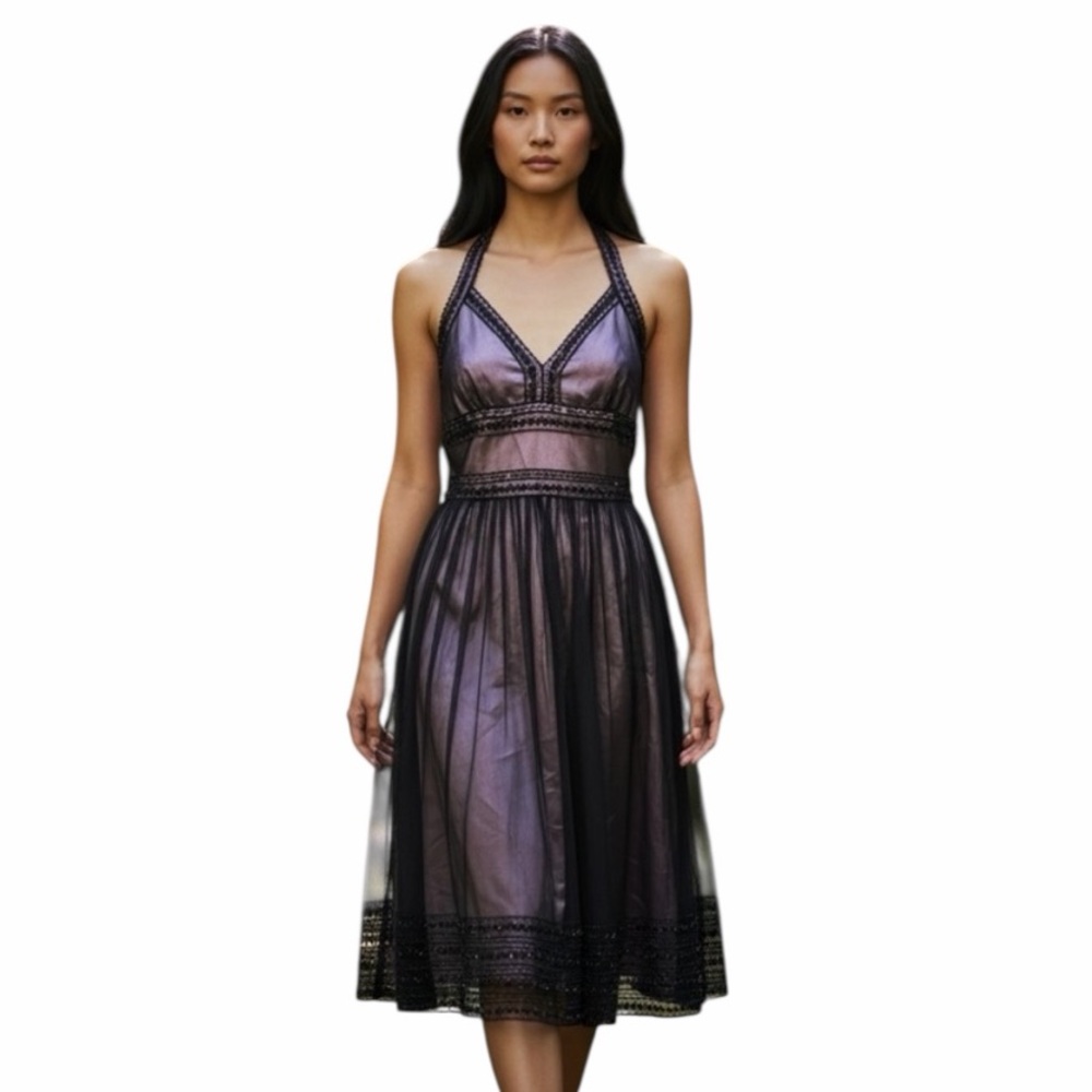 Y2K Whimsical Dress Lilac Satin Black Lace Beaded Babydoll Fairy Whimsigoth SZ 2